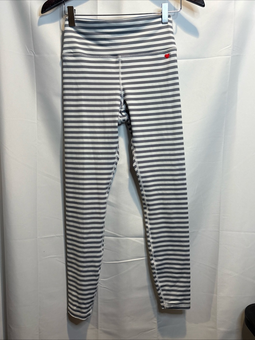 Spiritual Gangster Gray & White Striped Leggings with Red Heart